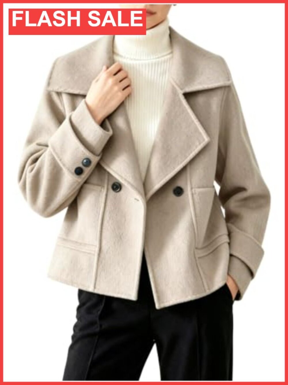 Cropped Wool Pea Coat Womens Notch Lapel Button Pockets